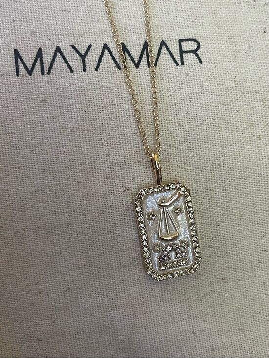 Mayamar Jewelry - Libra Zodiac Pendant Necklace with Pearlescent & Crystal Accents 24k gold plate